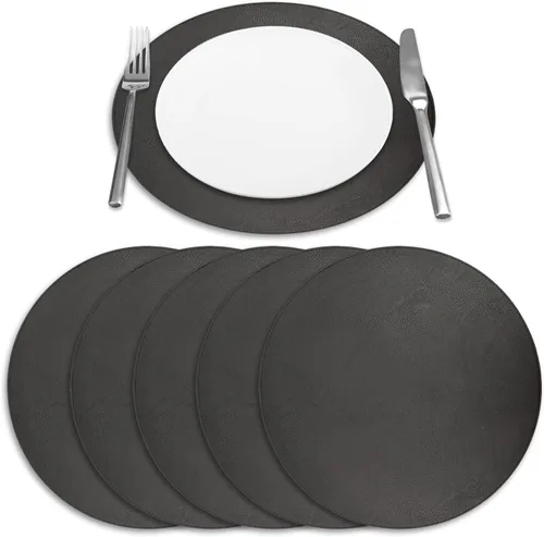 Miniatura 6 de Juego de 6 manteles individuales redondos de piel sintética de 15 pulgadas para comedor, resistentes al calor y antideslizantes, lavables, Negro