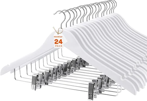 Miniatura 11 de HOUSE DAY Perchas de madera con clips, paquete de 12 perchas de madera de nogal resistente, colgador de falda de alta calidad con clips ajustables