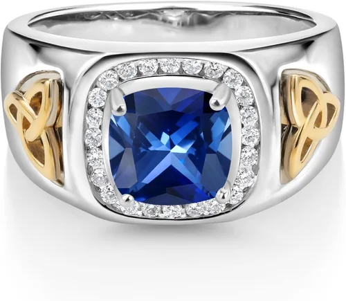 Miniatura 2 de Gem Stone King Anillo de plata 925 y oro amarillo de 10 quilates para hombre con zafiro y diamantes blancos cultivados en laboratorio