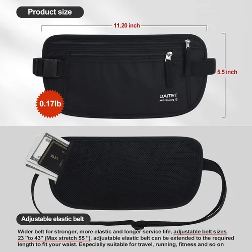 Miniatura 4 de DAITET Cinturón de dinero, soporte para pasaporte, cartera de viaje oculta segura con bloqueo RFID, riñonera encubierta (negro), Negro, Rfid