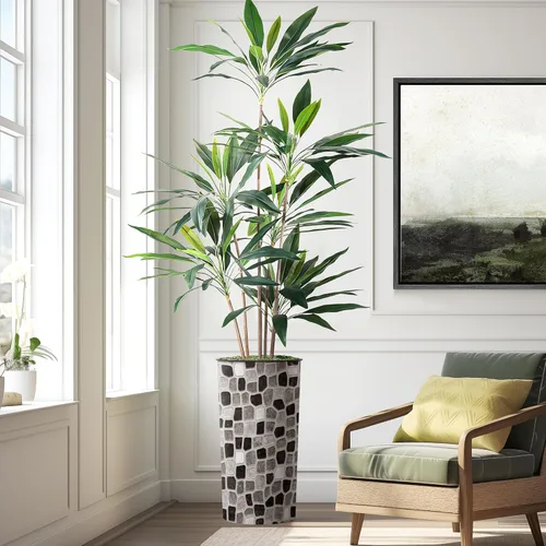 Miniatura 11 de Árbol artificial en macetero moderno con patrón geométrico, palmeras tropicales areca falsas de seda para decoración del hogar en interiores