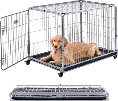 Miniatura 9 de ZOMISIA Jaula plegable para perros medianos, 36 pulgadas, a prueba de escapes, de metal, con doble puerta, fácil montaje, jaula plegable para perros