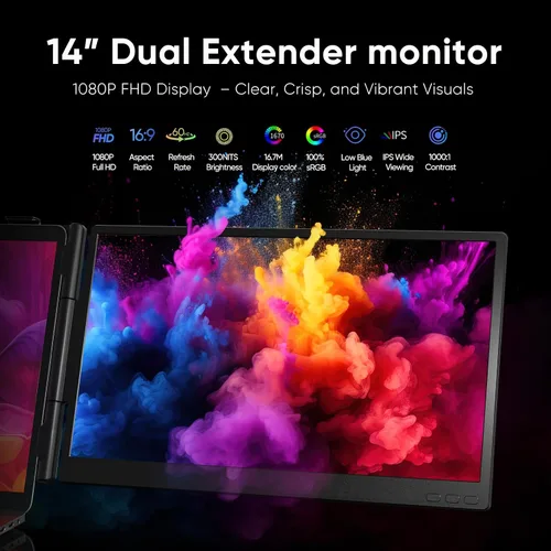 Miniatura 4 de Extensor de pantalla para laptop, monitor de pantalla dual FHD 1080P de 14 pulgadas para portátil, monitor portátil ultraligero con USB-C/HDMI, Plug
