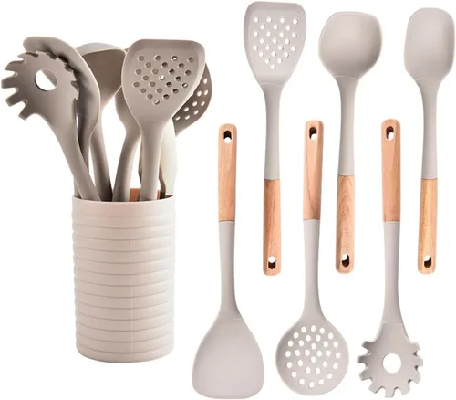 Juego de utensilios de cocina de silicona, 8 piezas antiadherentes con soporte, utensilios de cocina caqui con asas de madera, juego de cocina
