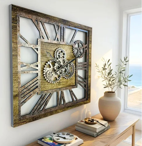 Miniatura 2 de ImprovingLife The Gears Clock - Reloj de pared cuadrado con engranaje móvil real de 24 pulgadas, estilo vintage, industrial, de gran tamaño, oro