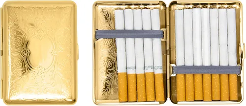 Juego de 2 cajas de cigarrillos compactas chapadas en metal tamaño King con bandas elásticas (pergamino victoriano dorado)