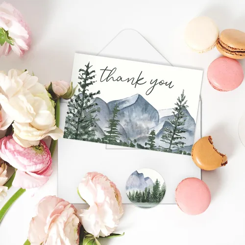 Miniatura 6 de AnyDesign Paquete de 36 tarjetas de agradecimiento de bosque de acuarela, montañas, paisaje, con sobres, calcomanías de bosque de montaña, tarjeta