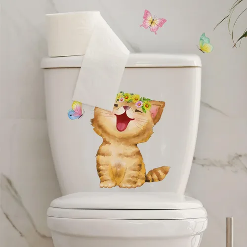 Miniatura 4 de Generic Calcomanías para tapa de inodoro con diseño de gato que ríe, diseño de gato blanco con dibujos animados, material de PVC impermeable