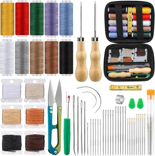 Tikjiua Kit de costura de cuero de 59 piezas, aguja de tapicería para coser a mano, kit de costura resistente con tapicería de hilo encerado, kit de