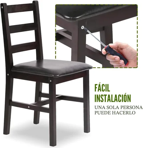 Miniatura 4 de FDW Juego de mesa de comedor de madera maciza de 5 piezas para 4 Marrón Mesa de cocina de pino con sillas tapizadas Diseño que ahorra