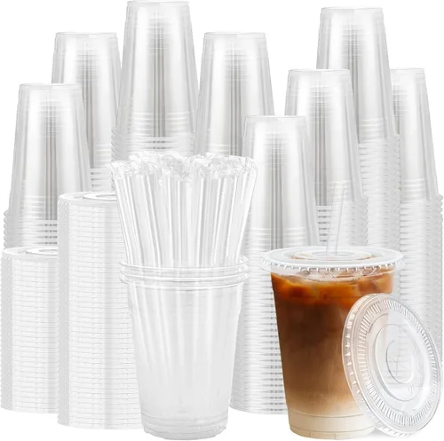 Miniatura 8 de Lamosi Paquete de 100 vasos de plástico transparente de 16 onzas con tapas y pajitas, tazas de café de plástico desechables con tapas para café