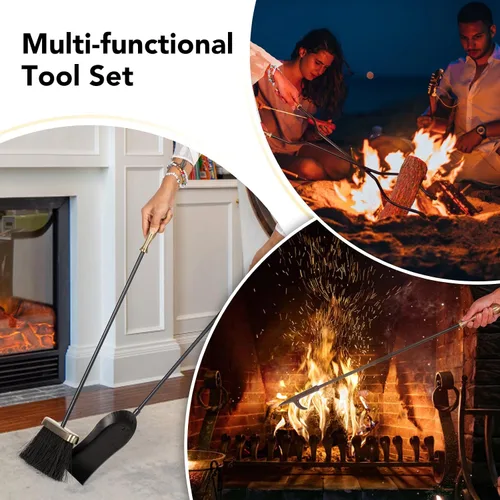 Miniatura 7 de nalone Juego de 5 herramientas para chimenea, asas de latón, accesorios de chimenea de hierro forjado con póquer, pinzas, pala, cepillo