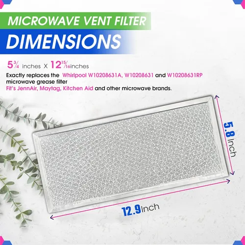 Miniatura 3 de Filtro de repuesto para microondas de 5.78" x 12.91", se adapta al filtro de microondas Whirlpool W10208631A - Filtros de grasa de malla de aluminio