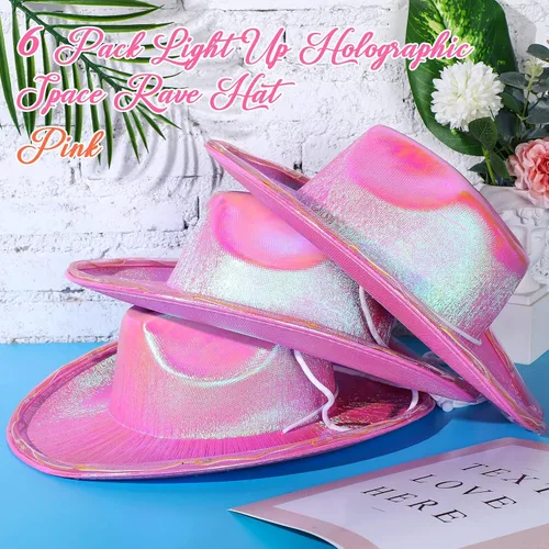 Miniatura 2 de Geyoga 6 piezas de sombrero de vaquero holográfico rosa para mujer, sombrero metálico para rave, sombrero de vaquero brillante, accesorios de fiesta