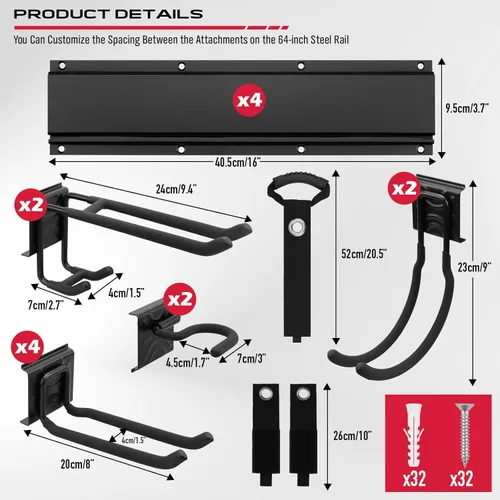 Miniatura 3 de SEDY Organizador de herramientas de almacenamiento de garaje resistente de 64 pulgadas para montaje en pared, estante de herramientas con ganchos