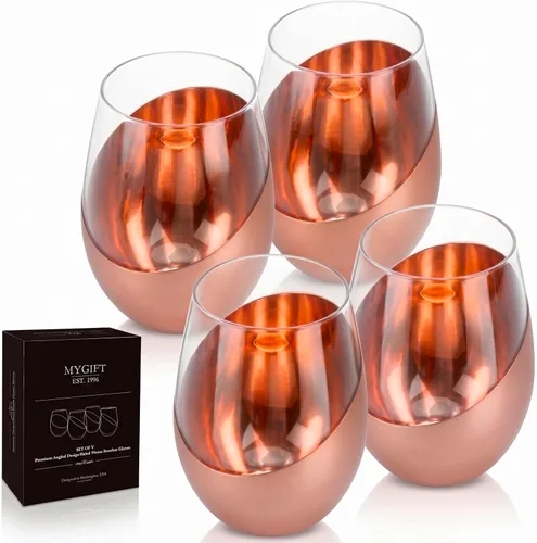 MyGift Juego de 4 copas de vino sin tallo - Barware moderno con acento en cobre, elegantes copas para bodas y celebraciones con acabado metálico de