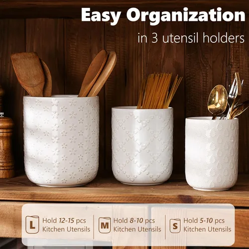 Miniatura 2 de Soporte para utensilios de cocina en relieve, recipiente de cerámica blanca para encimera, organizador grande de utensilios para espátula, cuchara