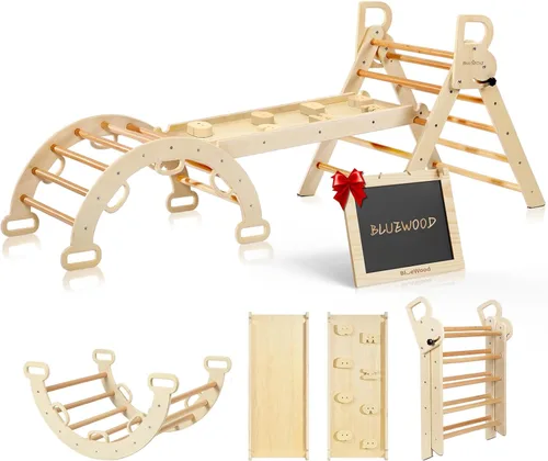Miniatura 11 de BlueWood Juego de triángulo Pikler, conjunto plegable de 7 en 1 de madera para escaladores de niños pequeños, patio de juegos interior, gimnasio