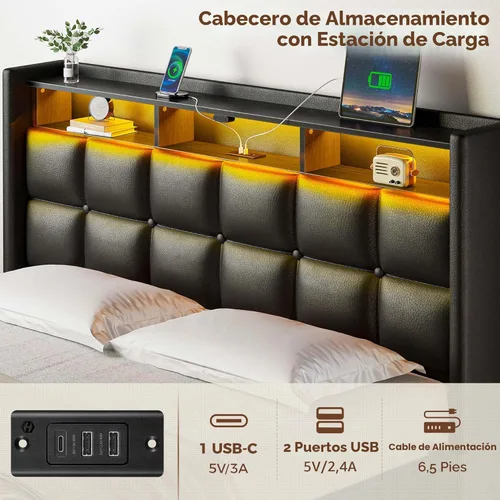Miniatura 5 de Rolanstar Marco de cama individual con almacenamiento elevable, estación de carga y luces LED, cabecero tapizado con almacenamiento, listones