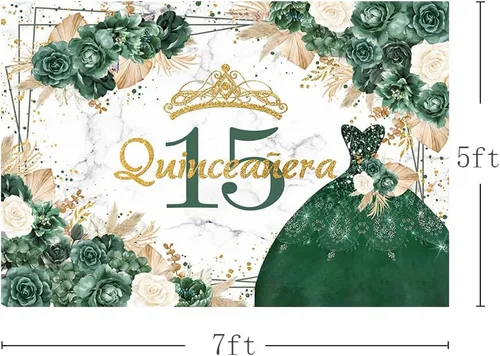 Miniatura 3 de MEHOFOND Telón de fondo bohemio floral de quinceañera de cumpleaños 15 para niñas, rosa verde, hierba de las pampas, Mis membrillo Anos, decoración