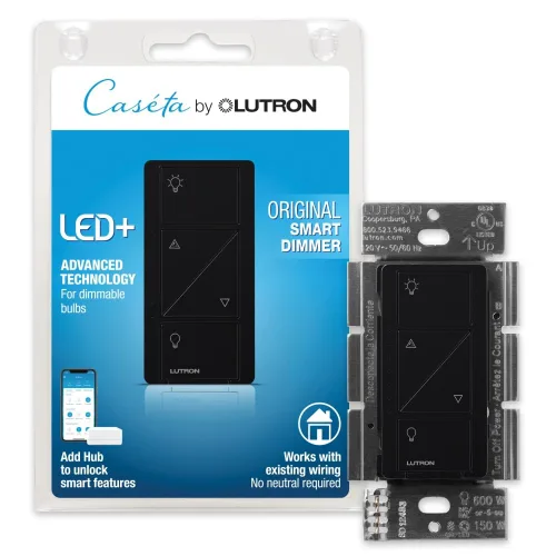 Lutron Caseta - Interruptor de atenuación inteligente original (requiere Lutron Smart Hub), para luces LED, 150 vatios, un solo polo/3 vías, no Negro