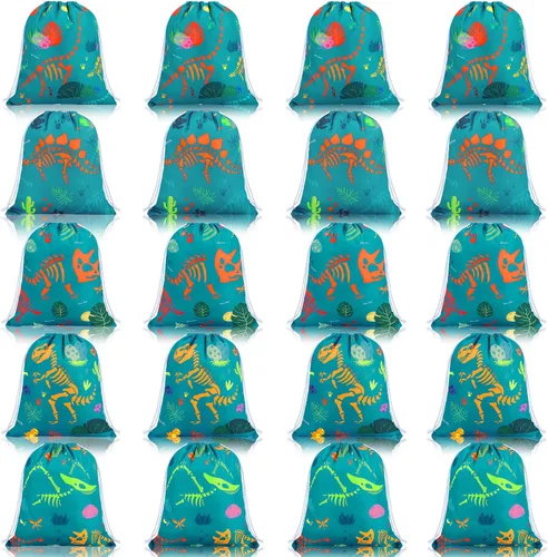 Shappy 20 bolsas de recuerdo de fiesta de dinosaurio con cordón, 5 estilos para niños, dinosaurio, cumpleaños, baby shower, suministros de fiesta,