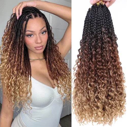 Miniatura 14 de COOKOO Cabello de Trenzas de Caja Bohemias de Ganchillo de 8 Pulgadas para Mujeres Negras, Paquete de 8, Cabello Sintético de Trenzas de Caja