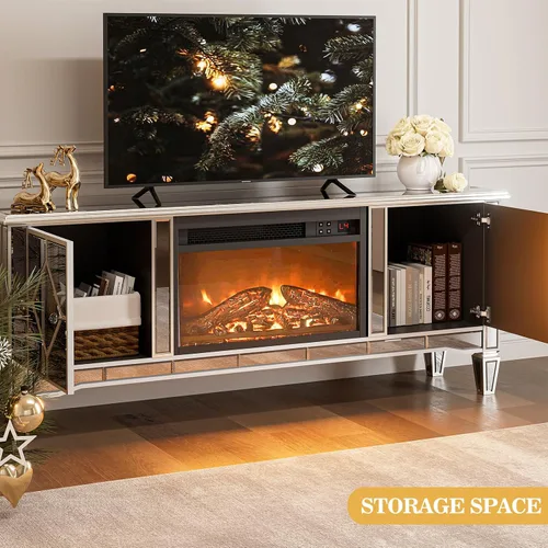 Miniatura 2 de IKIFLY Soporte de TV con espejo con chimenea para TV de más de 75 pulgadas, centro de entretenimiento con chimenea eléctrica plateada con 7
