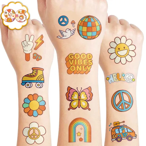 Miniatura 8 de 96 tatuajes temporales precortados de los años 70 – Poder floral retro, decoraciones de fiesta y recuerdos de Good Vibes Bonitas calcomanías