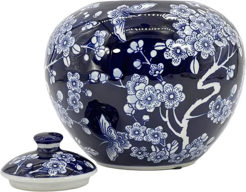 Miniatura 4 de Galt International Tarro Chinoiserie Floral Oscuro Azul de 8" con Tapa, Tarro Decorativo de Jengibre, Centro de Mesa, Tarro de Almacenamiento de Té