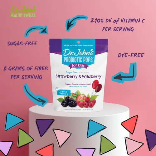 Miniatura 3 de Dr. John's Healthy Sweets Paletas probióticas para niños, fresa y bayas silvestres con cero azúcar, sin colorantes, a base de plantas, aptas