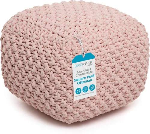 BIRDROCK HOME - Puf otomano cuadrado | Taburete de pie trenzado de algodón con relleno de bolsa de frijoles | Reposapiés bohemio para sala de estar,