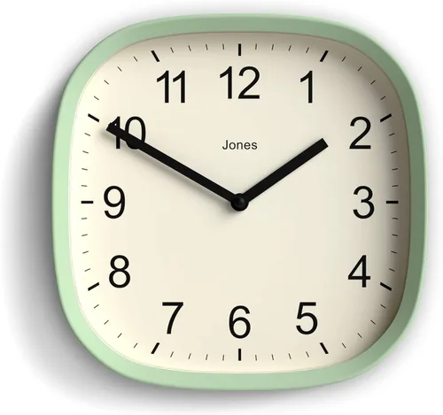 JONES CLOCKS® Reloj de pared Sprite | Reloj cuadrado redondo retro moderno | 10 pulgadas | Verde menta Neo | Números fáciles de leer | Perfecto para