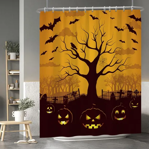 Miniatura 139 de Cortina de ducha de fantasma y gato negro para niños, 36 x 72 pulgadas, espeluznante y bonita, cortina de baño de Halloween con 6 ganchos, cortina