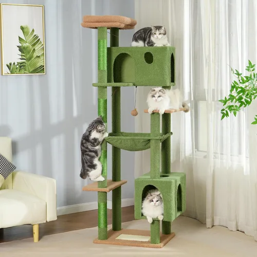 Miniatura 11 de Árbol pequeño para gatos beige torre para gatos con poste rascador de 32 pulgadas con casa condominio para gatos, hamaca acogedora y cama superior
