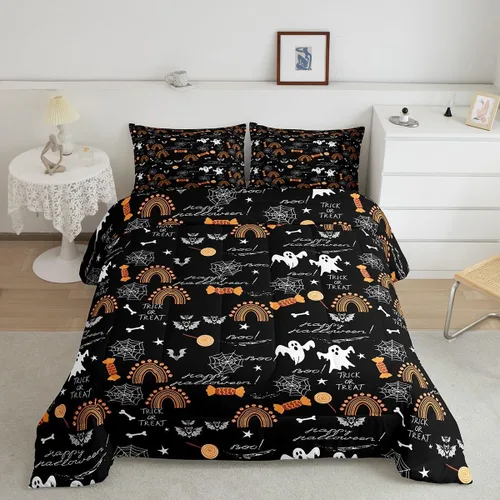 Miniatura 44 de Juego de edredón de calabaza para niños, con estampado de calabaza, estilo Halloween, juego de ropa de cama para niños, juego de ropa de cama