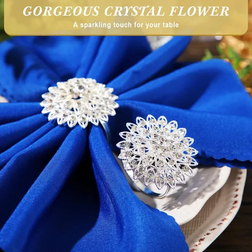 Miniatura 4 de Geiserailie 6 Piezas Anillos de Servilleta Plateados Flor Cristal Brillante Anillos de Diamantes de Imitación Florales Portaservilletas de Diamantes