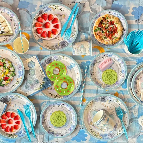 Miniatura 6 de Decoraciones de elefante para baby shower para niño, 224 piezas de suministros azules para baby shower (20 invitados), incluye plato de papel