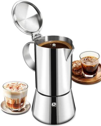 Cafetera Express de acero inoxidable 304, 2 tazas de 3.3 oz/3.4 fl oz, cafetera italiana para el hogar, cocina y campamento, todas las estufas