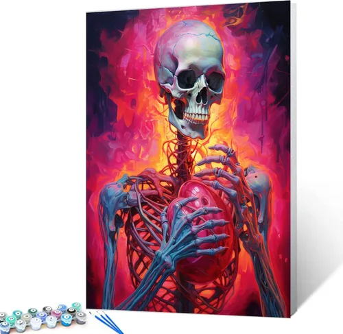 Miniatura 8 de Tucocoo Pintura de calavera de corazón por números para adultos, diseño de flores trippy, pintura por número para adultos principiantes, pintura