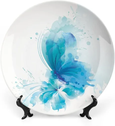 Plato decorativo de 6 pulgadas, artesanía de cerámica de acuarela, mariposas azules abstractas en una flor floreciente, placa de exhibición para