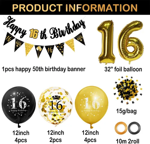 Miniatura 2 de Decoraciones de fiesta de cumpleaños número 16 para hombres y mujeres, negro y dorado, cartel de feliz cumpleaños negro y dorado, globos de feliz