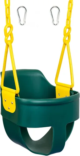 Asiento de columpio para bebé de respaldo alto estilo cubeta Premium con agarre para dedos, cadenas recubiertas de plástico y mosquetones para fácil