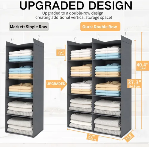 Miniatura 2 de ALLTIDYUP Organizador de Armario Colgante de 5 Estantes – Organizador de Ropa Plegable de Doble Fila con 3 Ganchos, Organizador de Armario y Gris
