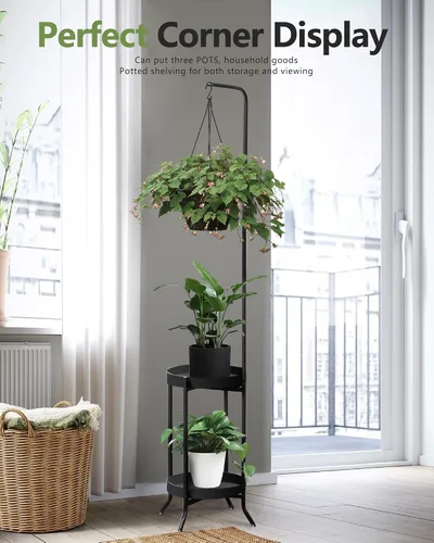 Miniatura 6 de RINBOU Soporte para plantas colgantes para interiores y exteriores, estante esquinero de metal para 3 macetas, 2 niveles de 61 pulgadas de alto