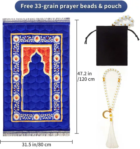 Miniatura 3 de Alfombra de Oración Musulmana Mat Islámica - Alfombra de Oración Sajadah Acolchada Muy Gruesa para Hombres y Mujeres con Cuentas de Oración del Azul