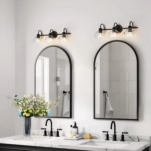 Miniatura 3 de KSANA Lámpara de baño negra, lámpara de tocador de 3 luces con pantalla de cristal transparente de gran apertura, moderna lámpara de pared de granja