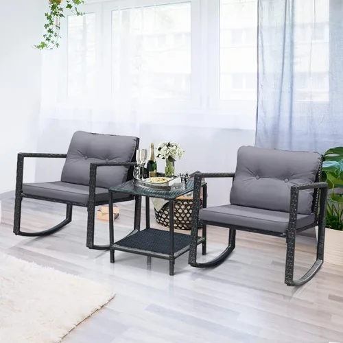 Miniatura 4 de Tangkula Juego de 3 piezas de muebles mecedoras de mimbre para patio, juego de muebles de mecedora para exteriores con asiento acolchado, juego