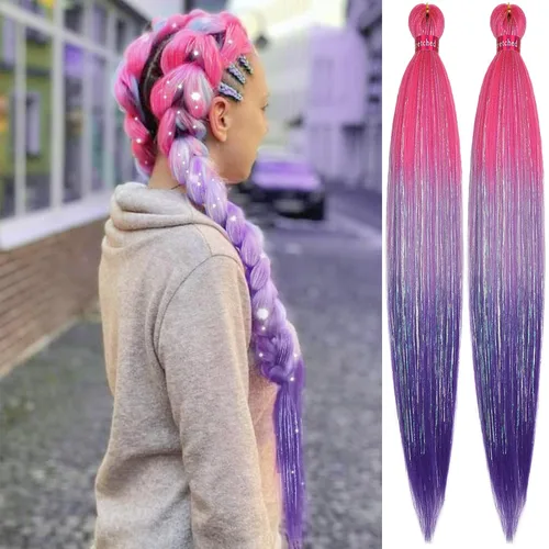 Miniatura 52 de Cabello trenzado verde con lentejuelas de 26 pulgadas, preestirado, trenzas de textura Yaki, extensiones de cabello pre plumadas, 3 paquetes, fácil