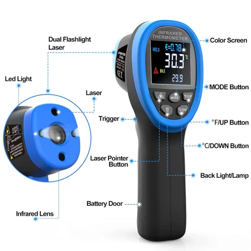 Miniatura 2 de BTMETER Pirómetro BT-1800C -58°F ~3272°F (-50~3,272.0 °F) Pistola de temperatura IR, D:S 50:1 Termómetro infrarrojo de alta temperatura para horno
